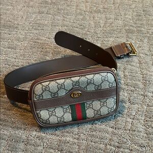 Authentic Gucci Beige Monogram Belt Bag with Brown Strap